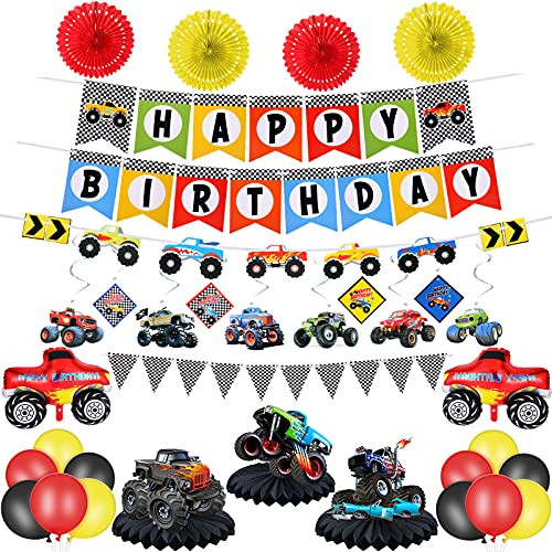 Monster Truck Birthday Party Supplies Monster Truck Birthday Banner Triangle Bunting Monster Truck Hanging Swirls Truck Shape Balloons Multicolor Balloons Truck Honeycomb Table Centerpieces Paper Fans