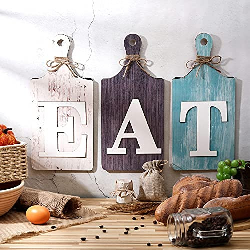 3 Pieces Rustic Wooden Eat Cutting Board Sign Hanging Wall Decor Large Farmhouse Eat Letters Wood Kitchen Sign for Home Kitchen Cabinets, Dining Living Room Restaurant Cafe -Retro Color- 3 Pieces Rustic Wooden Eat Cutting Board Sign Hanging Wall Decor Large Farmhouse Eat Letters Wood Kitchen Sign for Home Kitchen Cabinets, Dining Living Room Restaurant Cafe -Retro Color-