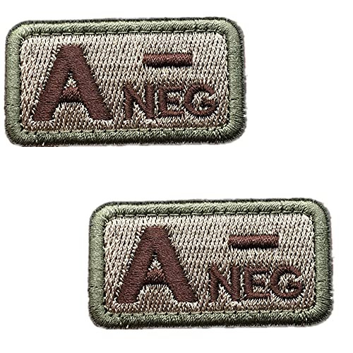 Tactical Blood Type A- Negative NEG Hook and Loop Patch Embroidered Morale Military Badge for Outdoors Velcro Patches -Coyote Brown A--