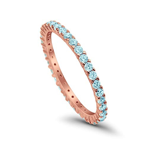 2mm Full Eternity Engagement Ring Blue Simulated Aquamarine Round CZ Rose Tone Plated 925 Sterling Silver, Size-7