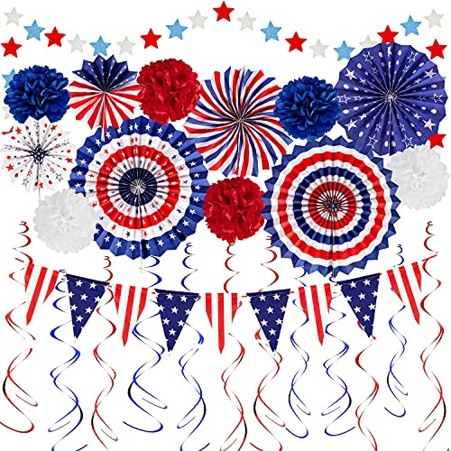 4th of July Decorations Patriotic Party Supplies, Red White Blue USA Flag Pennant Paper Fans Pom Poms Star Streamer Hanging Swirls Party Decor for Independence Day Fourth of July Decorations for Home