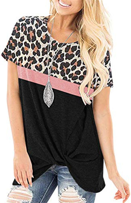 onlypuff Knot Hem Tops for Women Twist Front Color Block Casual Side Knot Leopard M