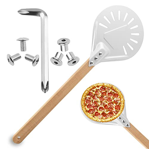 Pizza Turning Peel, Round Perforated Pizza Peel Wooden Pizza Paddle for Oven Pizza Spatula with 16 Inch Handle, Aluminum Alloy Pizza Peels Pizza Oven Accessories for Baking and Homemade Pizza -7 Inch-