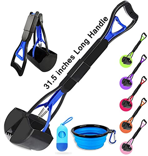 JSXD Dog Pooper Scooper,31.5 inch Foldable Long Handle Pooper Scooper with Poop Bag and Dog Bowl,Durable Dog Waste Scooper for Small Medium Large Breed,Pet Dog Poop Picker Use for Grass Gravel -Blue-