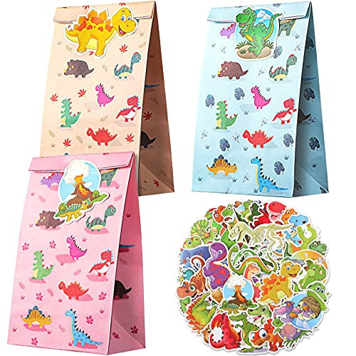 36 Pieces Dinosaur Party Favors Candy Bags with 50 Stickers, Dinosaur Goodie Bags Candy Treat Bags for Kids Dinosaur Themed Birthday Baby Shower Party Supplies