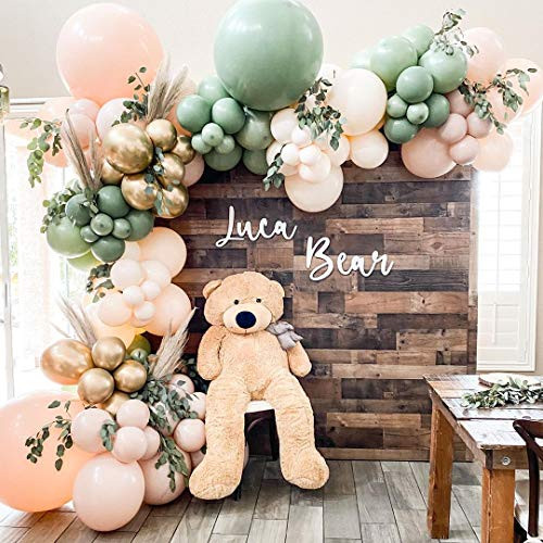 136PCS Sage Olive Green Blush Peach Gold Balloons with Artificial Vines Eucalyptus Garland, Jungle Safari Baby Shower Birthday Theme Party Decorations Supplies Balloon Garland Arch Kit for Boys