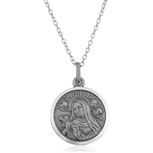 Kooljewelry Oxidized Sterling Silver Round Saint Rita Medal Necklace -18 mm, 18 inch-