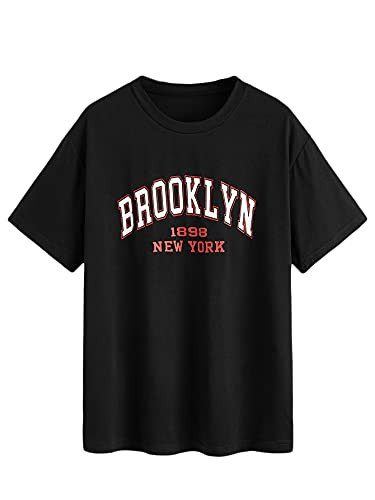 WDIRARA Women's Letter Print Short Sleeve Round Neck T Shirt Top Casual Tee Black Graphic L