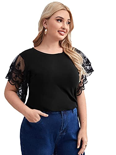 Romwe Women's Plus Size Contrast Lace Mesh Short Sleeve Round Neck T Shirt Tee Tops Black 3XL
