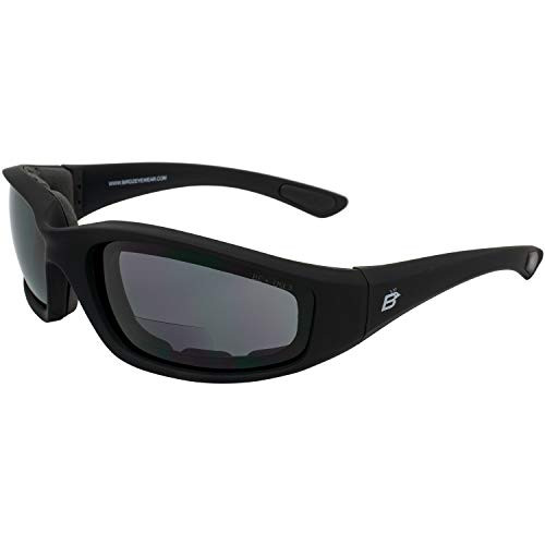 Birdz Eyewear Oriole Padded Safety Bifocal Motorcycle Glasses Black Frame Smoke Lenses 1.75 Magnification Carry Bag