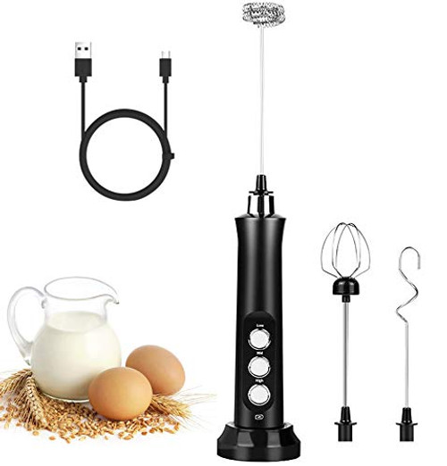 Milk Frother Handheld, USB Rechargeable 3 Speeds Mini Electric Milk Foam Maker Blender Mixer with Charging Base Three Whisk for Coffee, Latte, Cappuccino, Hot Chocolate, Egg
