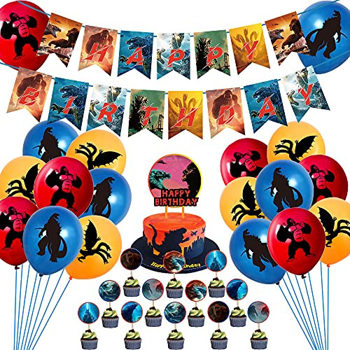 Godzilla vs Kong Party Supplies Godzilla Birthday Party Supplies includes Godzilla balloons,Godzilla Cake toppers,Godzilla birthday banner,Great for kids Godzilla Birthday Decorations Set