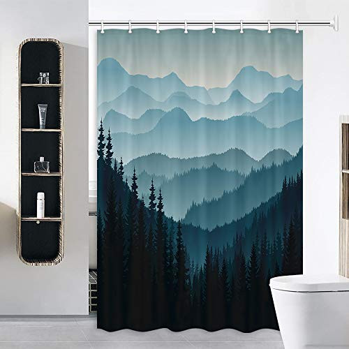 JAWO RV Shower Curtain for Camper Trailer Camping Bathroom, Watercolor Pine Trees, Stall Shower Curtain with Hooks Set, 47x64Inch