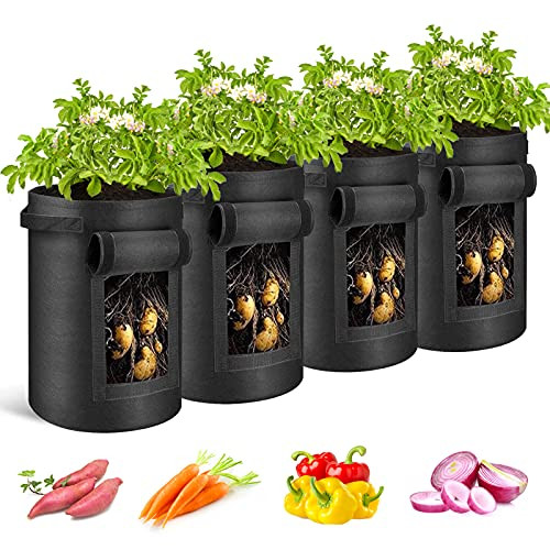 4 Pack 10 Gallon Potato Grow Bags, Heavy Duty Grow Bag with Flap and Handles, Nonwoven Fabric Pots with Harvest Window, Premium Breathable Aeration Fabric Plant Grow Bags for Vegetables, Fruits 4 Pack 10 Gallon Potato Grow Bags, Heavy Duty Grow Bag with Flap and Handles, Nonwoven Fabric Pots with Harvest Window, Premium Breathable Aeration Fabric Plant Grow Bags for Vegetables, Fruits