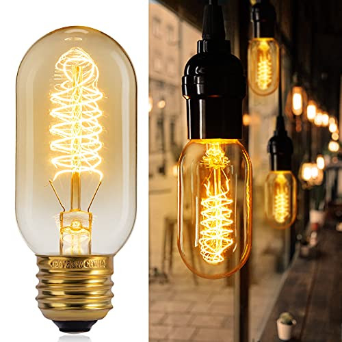 Brightown Amber Edison Light Bulbs 6 Pack 60 Watt Dimmable T45 Antique Spiral Filament Tubular Style Incandescent Lamp Bulb E26 E27 Base 2700K Warm White Squirrel Cage Bulbs for Home Lighting Fixture