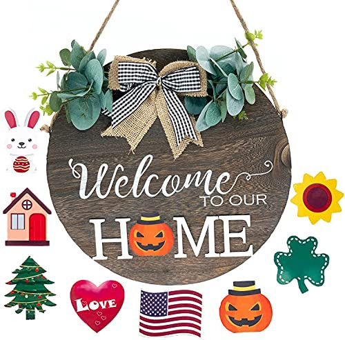 Interchangeable Welcome Sign for Front Door, 8 Seasonal Tiles Rustic  and  Round Wood Wreaths Wall Hanging Outdoor Porch for Halloween Decor