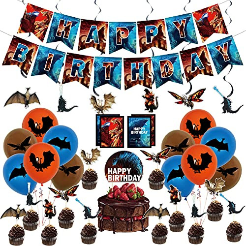Godzilla vs Kong Birthday Party Supplies,Godzilla birthday party supplies,Godzilla Birthday Decorations Set Include Godzilla Banner Balloons Cake Toppers,Swirls