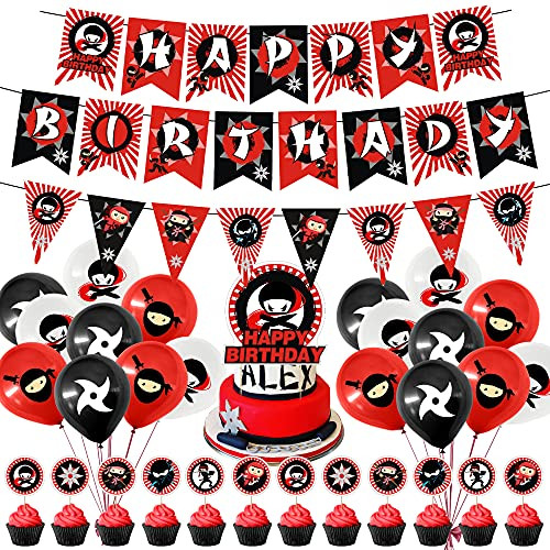 Ninja Birthday Party Decorations, Ninja Theme Party Supplies Happy Birthday Banner Balloons Cupcake Toppers for Boys Ninja Warrior Themed Birthday