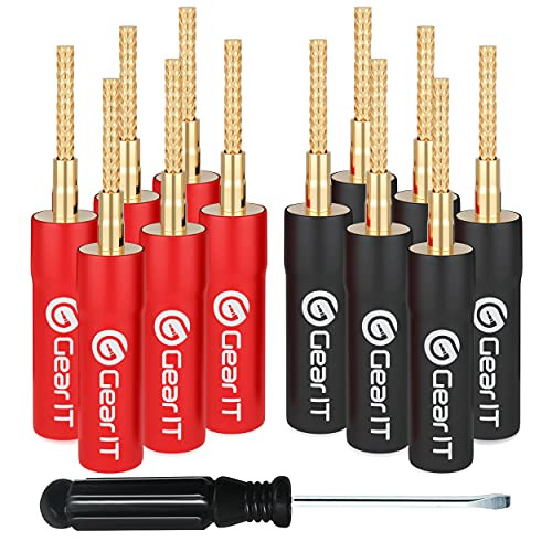 GearIT Flex Pin Banana Plugs for Speaker Wire -6 Pairs, 12 Pieces-, Speaker Connector Pin Plug Type, 24K Gold Plated Insulated for Spring-Loaded Speaker Banana Jack Terminals