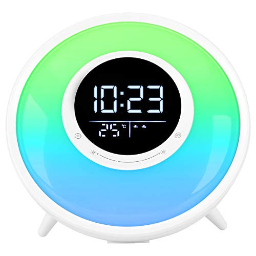 Sunrise Wake Up Light Alarm Clock, FiveHome White Noise Sound Machine with FM Radio, 11 Colors Night Light, 18 Natural Sounds, Sleep Timer, Dual Alarm, Snooze, Temperature Display