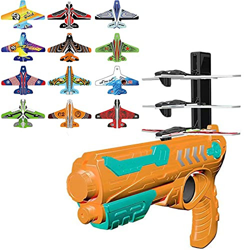 Catapult Plane Gun, Bubble Catapult Plane Toy Airplane, Shooting Game Toy for Kids, One-Click Ejection Model Foam Airplane with 14 Pcs Glider Airplane Launcher, Outdoor Sport Toys Gifts