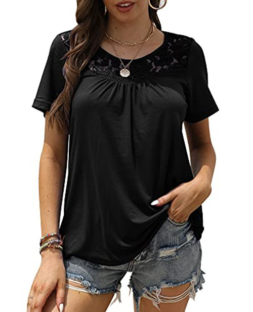 Women's Plus Size Summer Tops Short Sleeve Shirts Lace Pleated Casual Tunic Tops Blouses Black