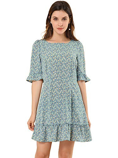 Allegra K Women's Floral Boat Neck Puff Sleeve Fit and Flare Mini Ruffle Dress X-Small Light Blue