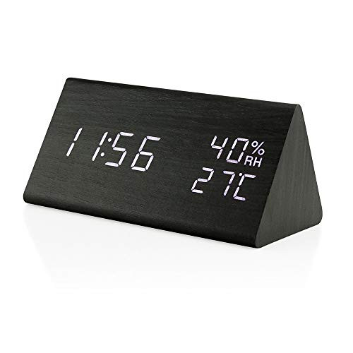 Oct17 Wooden Alarm Clock, Wood LED Digital Desk Clock, UPGRADED With Time Temperature, Adjustable Brightness, 3 Set of Alarm and Voice Control, Humidity Displaying - Black