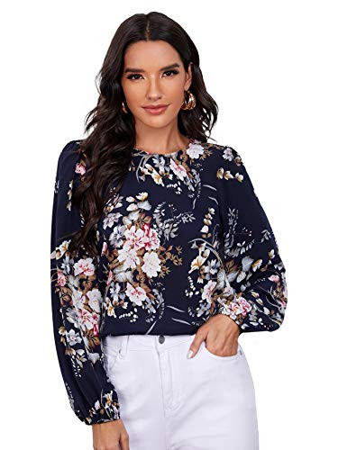 SheIn Women's Long Bishop Sleeve Floral Print Round Neck Blouses Top Multicolor S