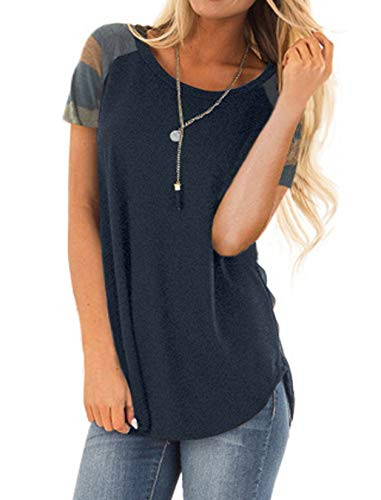 Halife Womens Casual Short Sleeve Round Neck Loose Tunic T Shirt Blouses Tops Navy Blue M