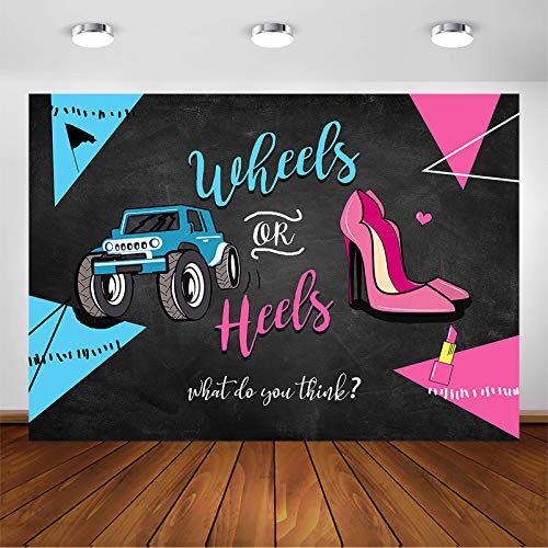 Avezano Wheels or Heels Gender Reveal Backdrop Boy or Girl Gender Reveal Party Decorations Photography Background Pink or Blue Wheels or Heels Baby Reveal Party Banner Photoshoot -7x5ft- Avezano Wheels or Heels Gender Reveal Backdrop Boy or Girl Gender Reveal Party Decorations Photography Background Pink or Blue Wheels or Heels Baby Reveal Party Banner Photoshoot -7x5ft-