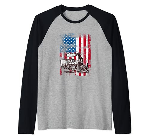 Locomotive Train Engine USA American Flag 4th of July Raglan Baseball Tee Locomotive Train Engine USA American Flag 4th of July Raglan Baseball Tee