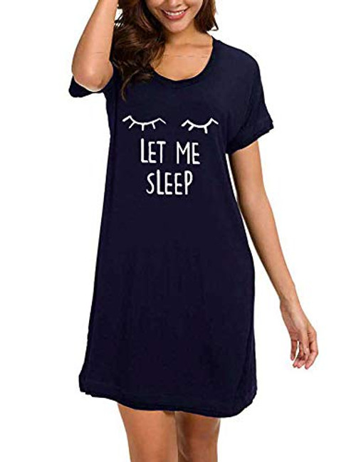 Erato Women's Sleepwear Dress Sexy Nightgown Cotton Round Neck Sleeping Gowns Night Shirts Navy Blue