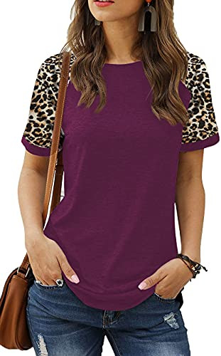 HARHAY Women's Leopard Print Color Block Tunic Round Neck Short Sleeve Shirts Striped Causal Blouses Tops Leopard/Mauve-XL