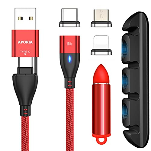 Aporia - 100W 6 in 1 Magnetic Charing Cable USB A and USB Type C to 3-in-1 -Micro/Type C / i0S- | Fast Charging  and  Data Transfer Sync | Charge Type C Interface Laptop -Red-