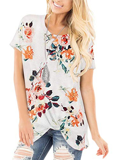 onlypuff Floral Knot Shirts for Women Front Twisted Tops FloWhite Casual Tunic Tops L onlypuff Floral Knot Shirts for Women Front Twisted Tops FloWhite Casual Tunic Tops L