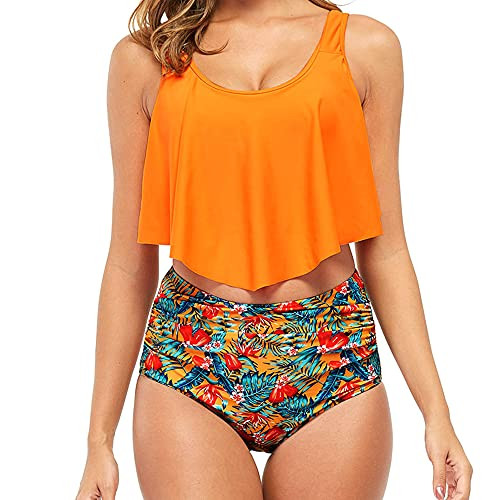 MAKABO Bikini Swimsuit for Women Ruffled Flounce Top with High Waisted Ruched Bottom Two Piece Bathing Suit Orange-Flowers