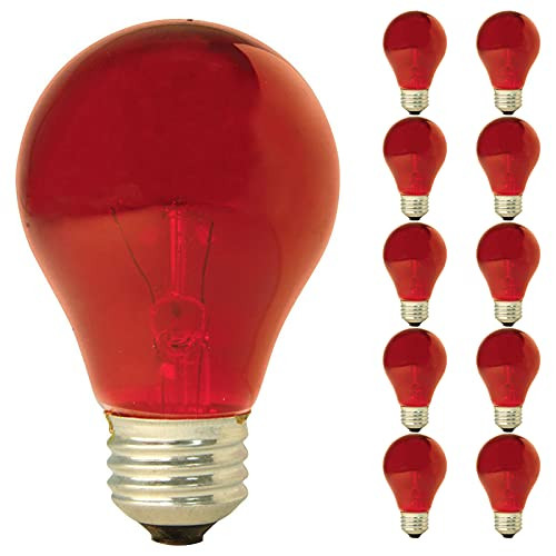 GE 49727 -10-Pack- 25-Watt Red Incandescent Party Light Bulb, A19 Shape, 1900 Lumens, E26 Medium Base