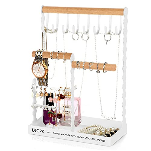 DLOPK Jewelry Organizer Stand, Necklace Holder 6-Tier Wooden Ring Organizer Earring Tray Bracelet Holder 8 Hooks Metal Jewelry Stand Desk Organizer Storage Display Necklaces Bracelets Rings Watches -White- DLOPK Jewelry Organizer Stand, Necklace Holder 6-Tier Wooden Ring Organizer Earring Tray Bracelet Holder 8 Hooks Metal Jewelry Stand Desk Organizer Storage Display Necklaces Bracelets Rings Watches -White-
