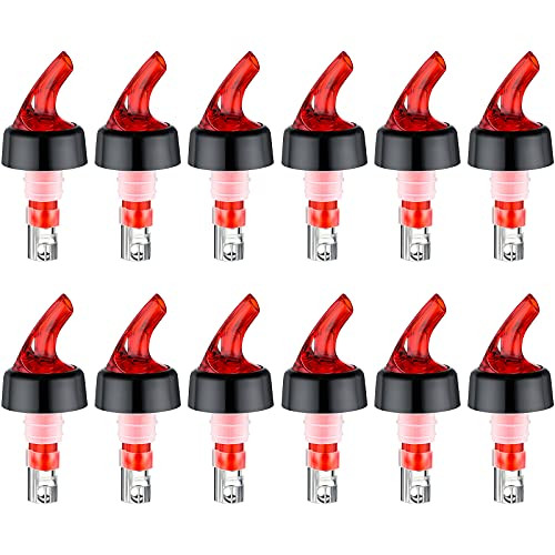 Automatic Measured Bottle Pourer, Spout Bottle Pourer with Tail and Collar, Liquor Bottle Pourers Bottle Jigger Quick Shot Spirit Measure Pourer, 1 oz/ 30 ml -Black and Red, 12-