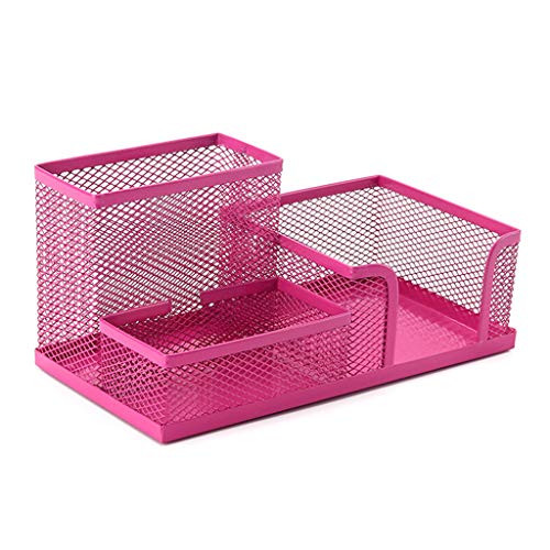 Youngy Mesh Desk Organizer, Metal Mesh Desk Organizer Pen Pencil Storage Holder with 3 Compartments for Home Office Students Supplies Accessories - Hot Pink