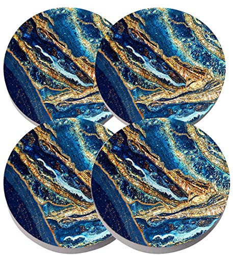 Blue Marble Pattern Coasters - Marble Coasters with Gold Round Drinks Absorbent Stone Coaster 4 Sets with Ceramic Stone Cup Mat