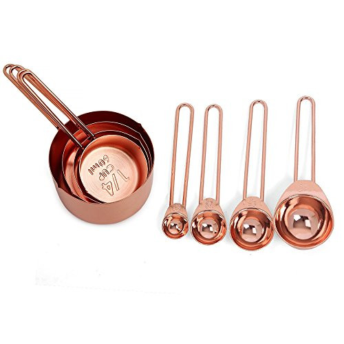 8Pcs Measuring Cups and Measuring Spoons Set, Copper Stainless Steel Measuring Cups and Measuring Spoons with Silicone Handles, 4 Cups  and  4 Spoons, Perfect Kitchen Cooking Baking Tools