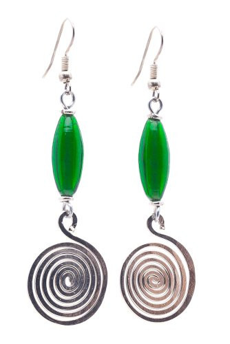 Maisha Fair Trade Wire Swirl with Antique Bead Drop Earrings, Green