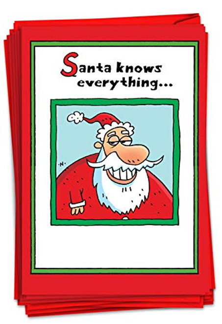 NobleWorks - 12 Cartoon Merry Christmas Cards Funny - Adult Happy Holiday Greetings, Boxed Notecards Bulk -1 Design, 12 Cards- - Santa Knows Everything B1772