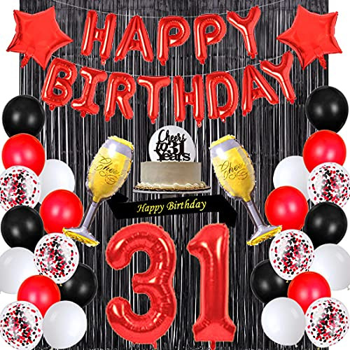 Santonila Red 31st Birthday Decorations Happy Birthday Banner Sash Cheers To 31 Years Cake Topper Number 31 Confetti Latex Balloons Black Tinsel Foil Fringe Curtains for Girls Women 31 Years Old Birthday Party