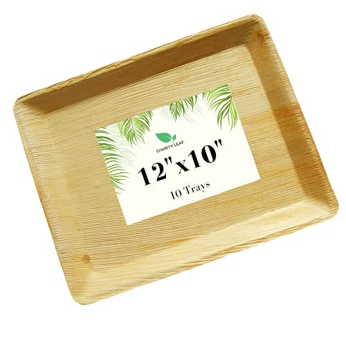 Charity Leaf Disposable Palm Leaf Like Bamboo Serving Tray and Platter | All Natural  and  Biodegradable | Charcuterie Boards, Weddings and Parties | 12" x 10" Rectangle -10 Trays-