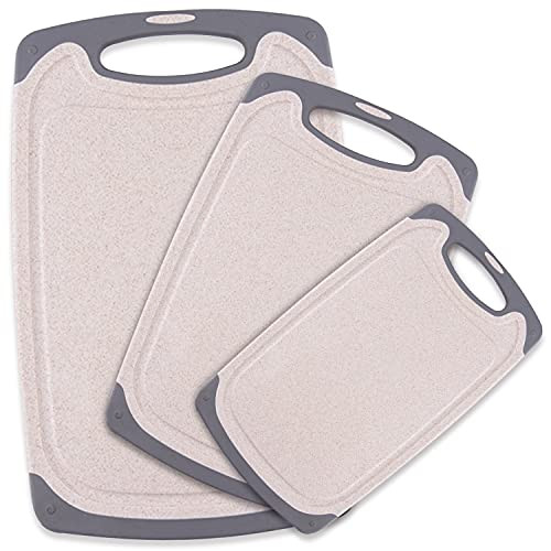 Cutting Board Set of 3 Plastic Cutting Boards for Kitchen, Dishwasher Safe Chopping Board with Juice Grooves, Easy Grip Handle, Non-Slip, BPA Free-Beige-