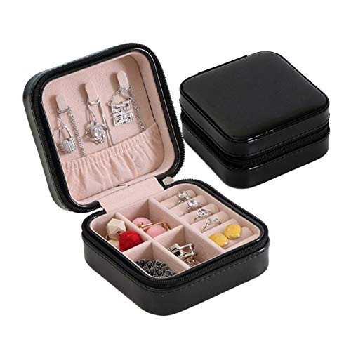 YOPRAL Travel Jewelry Box?Small Faux Leather Jewelry Organizer Display Storage Case for Rings Earrings Necklace (Black)