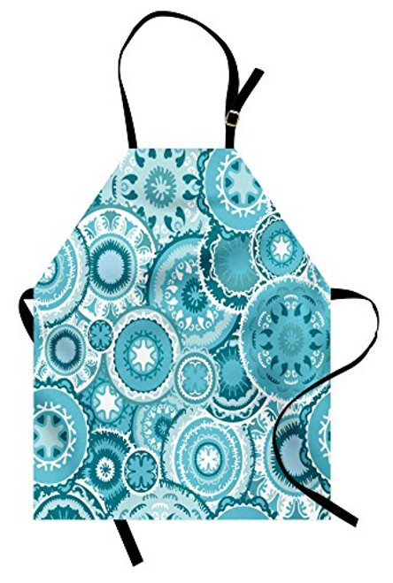 Ambesonne Aqua Apron, Hippie Floral Leaves Mandala Rounds Traditional Elements Print, Unisex Kitchen Bib with Adjustable Neck for Cooking Gardening, Adult Size, Turquoise White